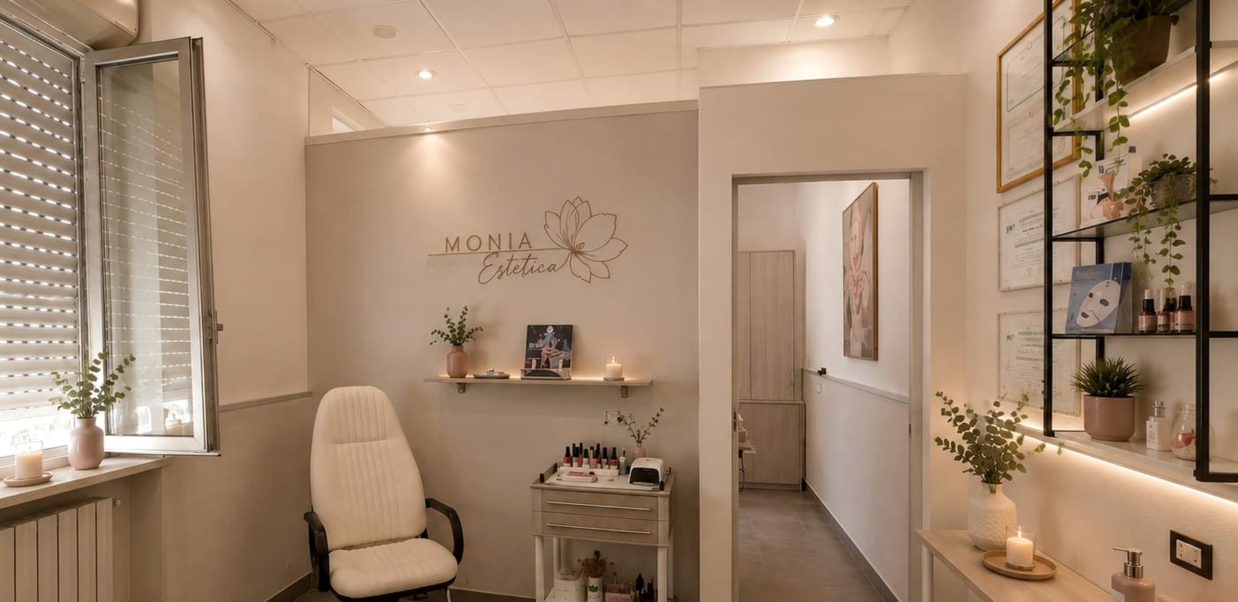 Rendering della cabina e del corridoio di Monia Estetica